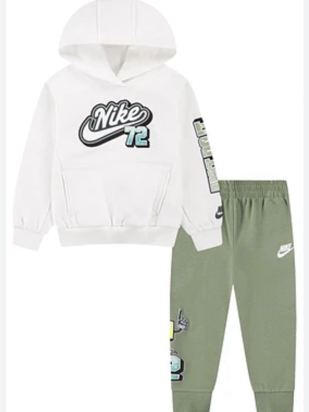 NWT Nike White Hoodie and Olive Green Joggers Kids Set RV 52.00